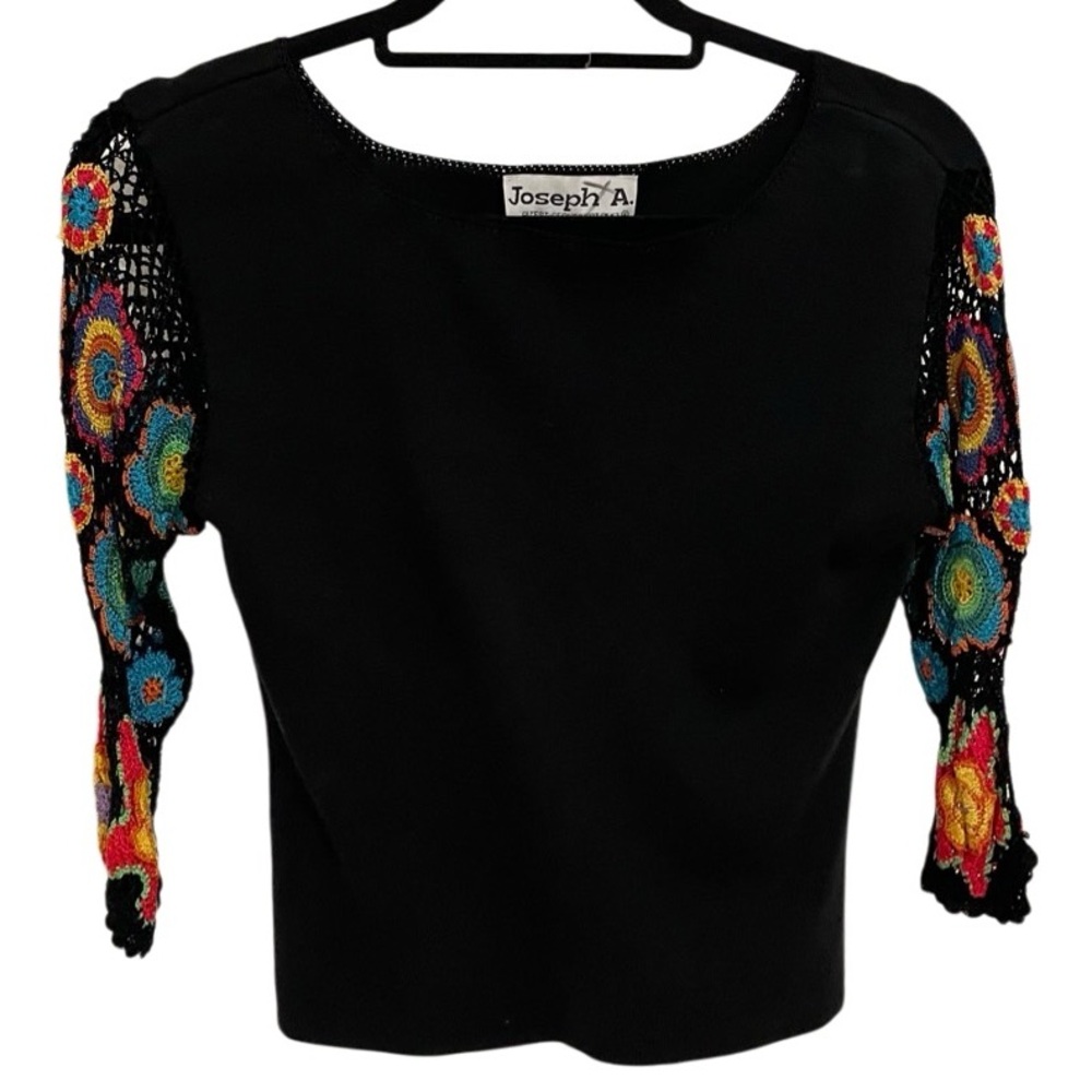Vintage 90s y2k Joseph A. Black Long Sleeve Shirt w/ Floral Crochet Sleeves